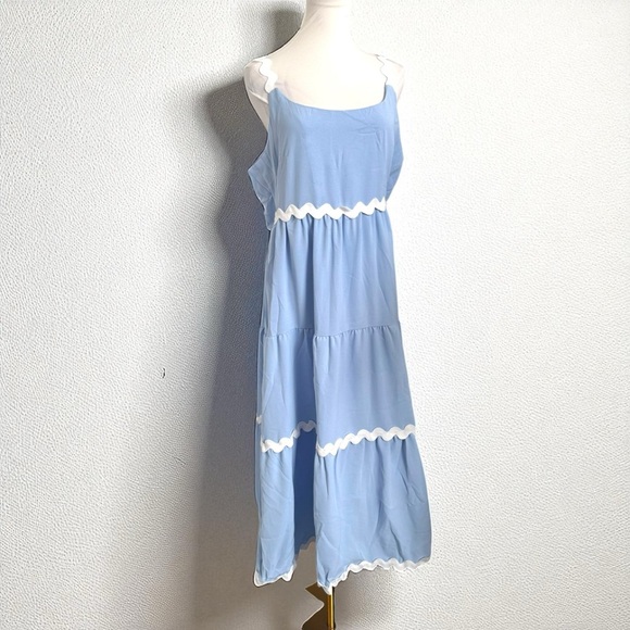 NWT Blue Tiered Midi Dress | Scallop Trim Sundress Cottagecore Brunch Style XL - Picture 2 of 9